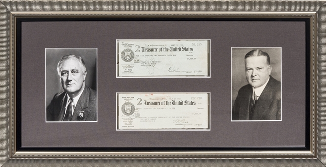 Franklin D. Roosevelt And Herbert Hoover Signed Dual Presidential Payroll Treasury Checks In 31 x 16 Framed Display (Beckett)